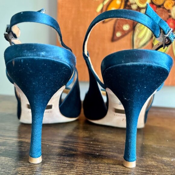 Badgley Mischka| Luxe ‘Gwynn’ Teal Satin Slingback Heels w/Bow - Picture 4 of 7